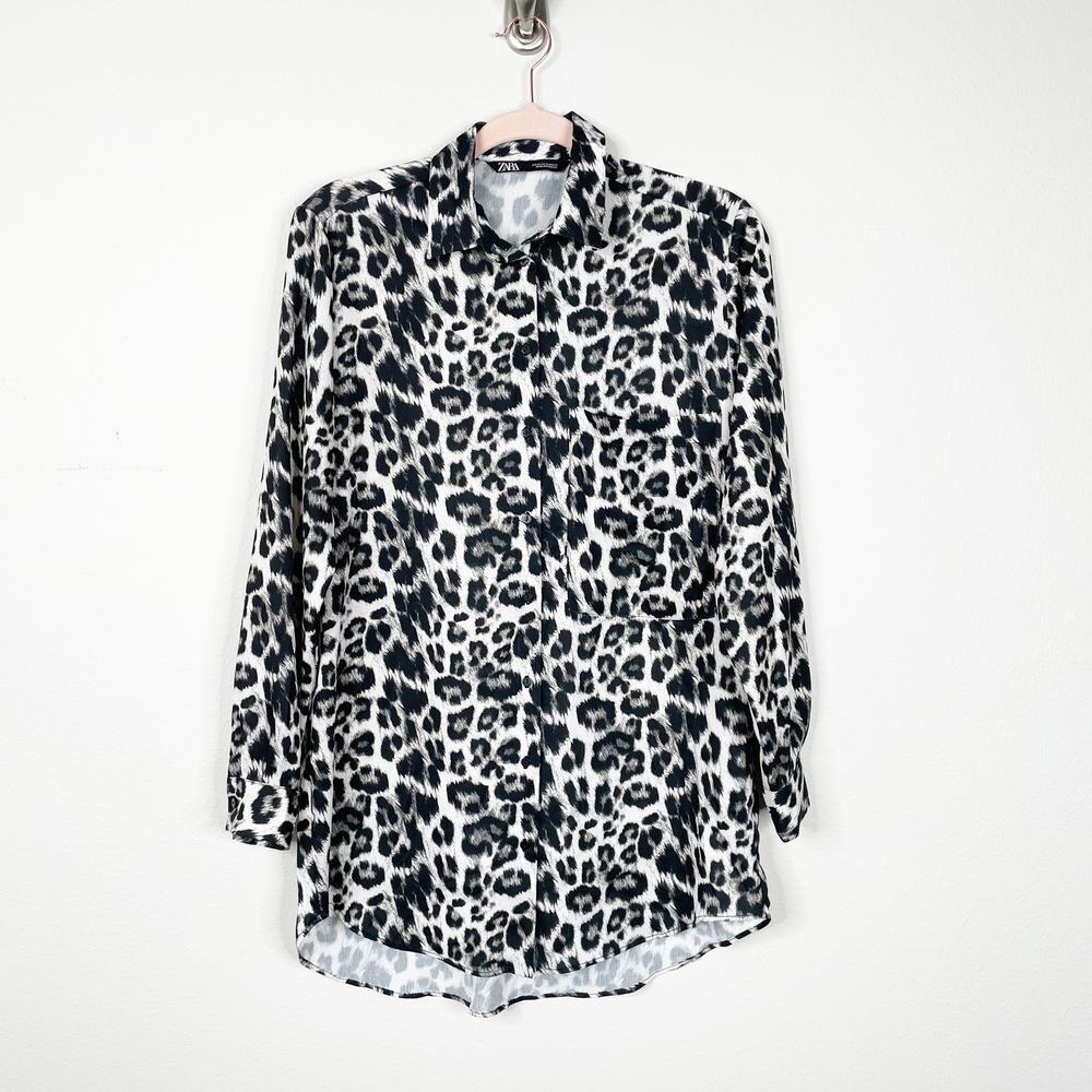 2/$30 ZARA Leopard Tunic Button-Down Blouse Black Chest Pocket Long Sleeve #5387 - Picture 3 of 10